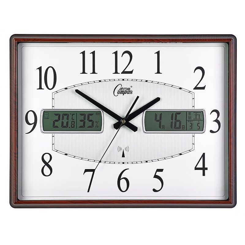康巴丝方形双历挂钟大尺寸窄边方形钟表时钟自动对时电波钟表2725 咖木色-电波机芯