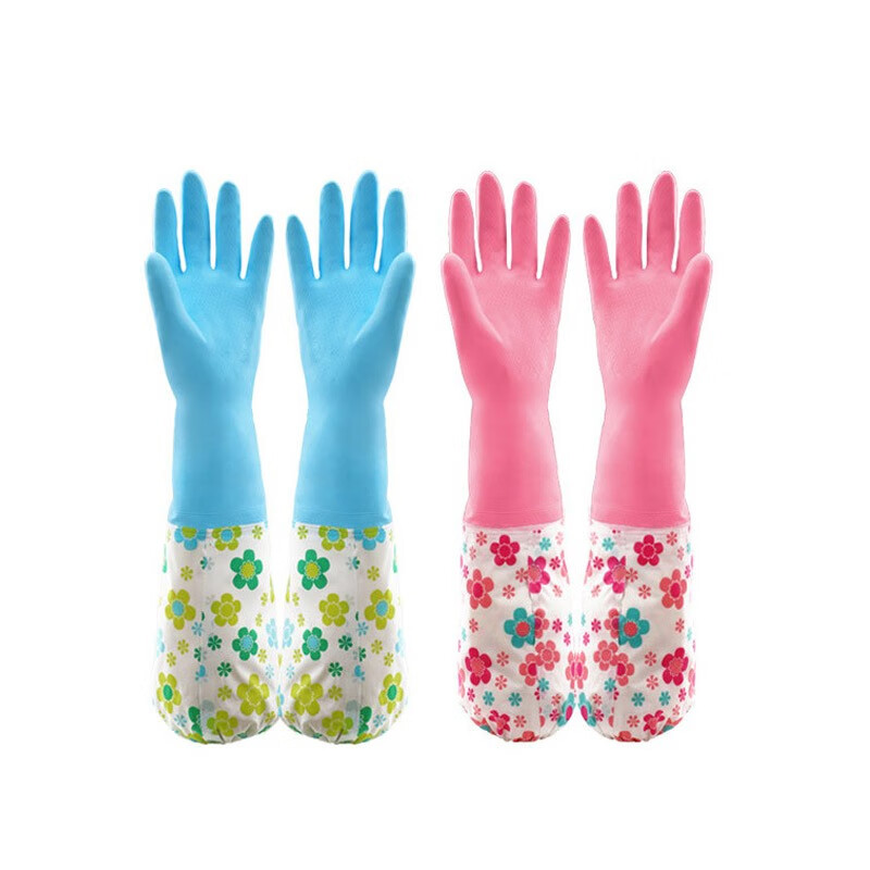 雅高PVC手套2双装均码加绒加长型保暖款家务手套 橡胶皮手套