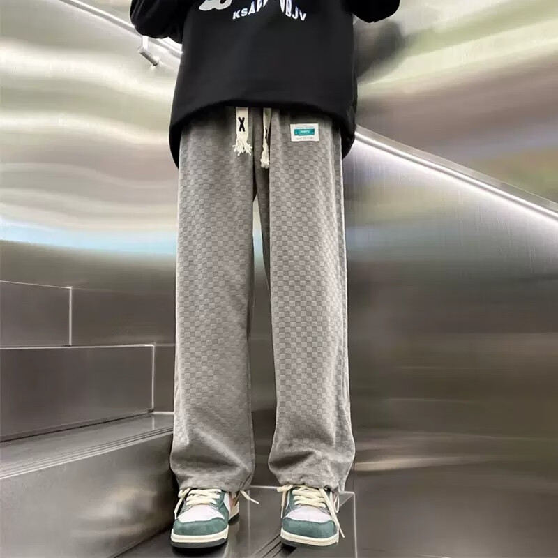 Tim Peake棋盘格休闲裤子男秋季宽松复古抽绳阔腿裤高街垂感直筒裤HXLD25 灰色 XL属于什么档次？