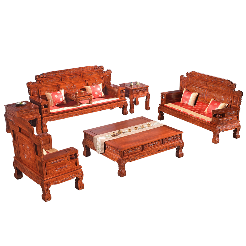 木中央 紅木家具 非洲花梨 學名:刺猬紫檀沙發(fā) 中式沙發(fā) 實木客廳家具套裝組合 財源滾滾沙發(fā)象頭 （單+雙+三+茶幾+2角+炕）七件套