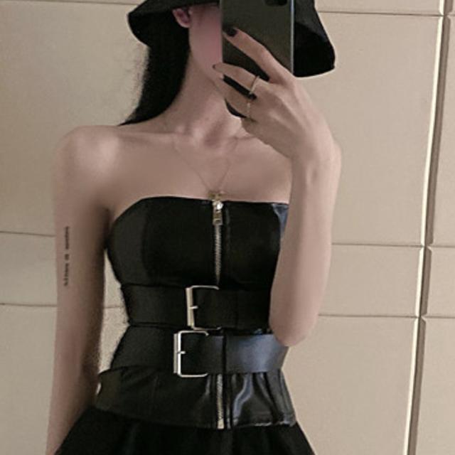 亚永凌暗黑系时尚两件套女夏设计感pu收腰抹胸高腰不规则网纱半身裙