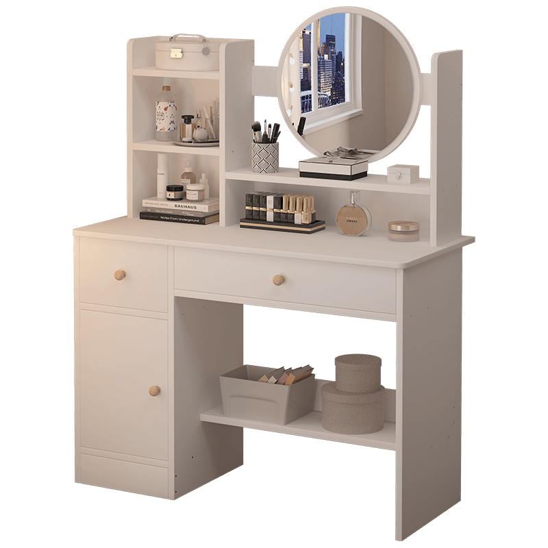 米昊 卧室多功能梳妆台带妆镜小户型迷你化妆台欧式化妆桌带储物柜抽屉梳妆桌 【两抽一柜+LED灯镜】暖白色80cm
