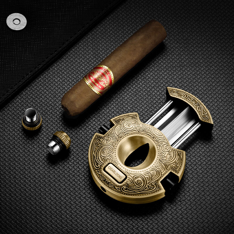 茄龙 （CIGARLOONG） 雪茄剪 便携雪茄V型剪刀金属不锈钢多功能雪茄刀带打孔器礼盒装送男友 唐草纹古铜色