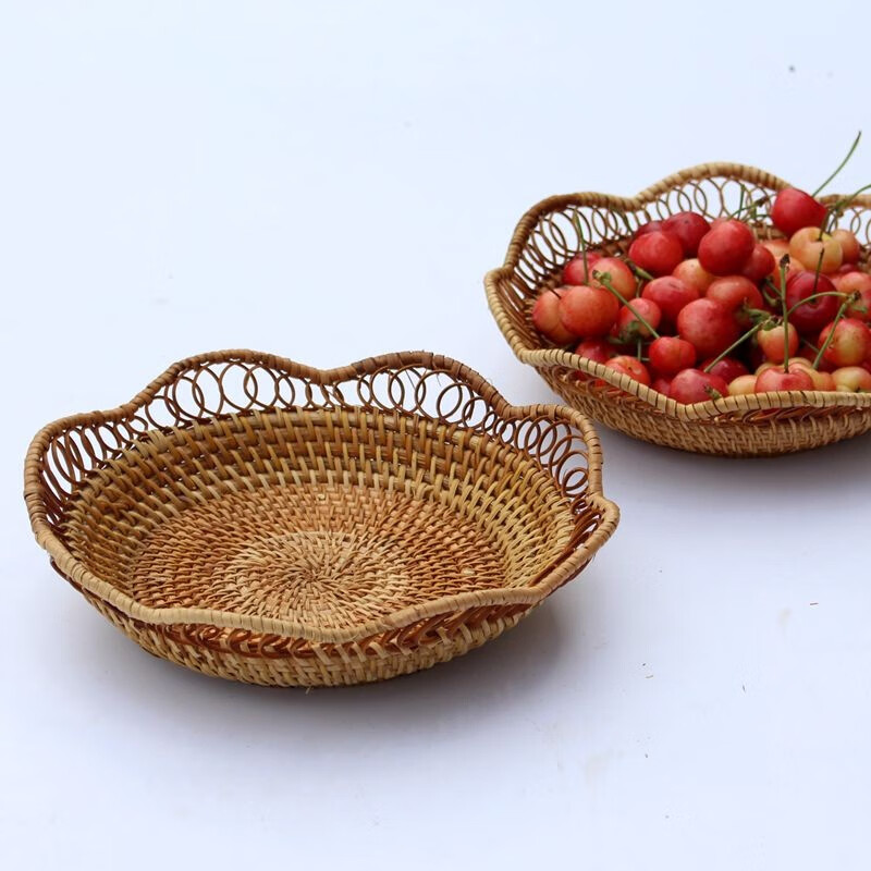 汉水竹城 越南秋藤编手提托盘花边水果篮子手工编织收纳客厅家用创意
