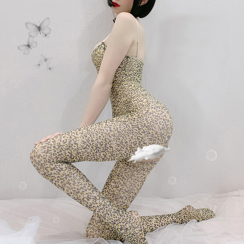 性感豹纹连身丝袜女套装诱惑制服角色扮演透视开档免脱 身袜 均码