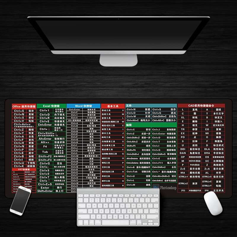 喜盼 鼠标垫加厚办公ps ppt excel常用快捷键大全电竞桌面键盘桌垫80cm*30cm*2mm 黑色系列随机1张