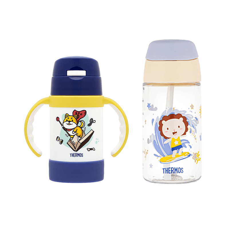 膳魔师（THERMOS）儿童水杯316L带把手保温杯夏季水杯Tritan提手吸管杯四季水杯组合 探险家蓝色+提手出行杯蓝黄