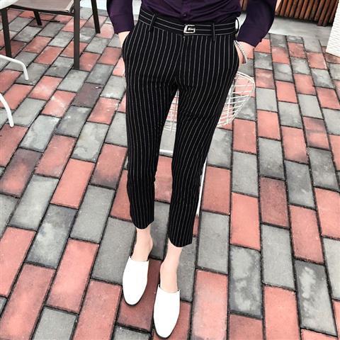 发型师裤子男韩版潮流九分裤修身百搭小脚裤条纹分休闲西裤 黑色 28