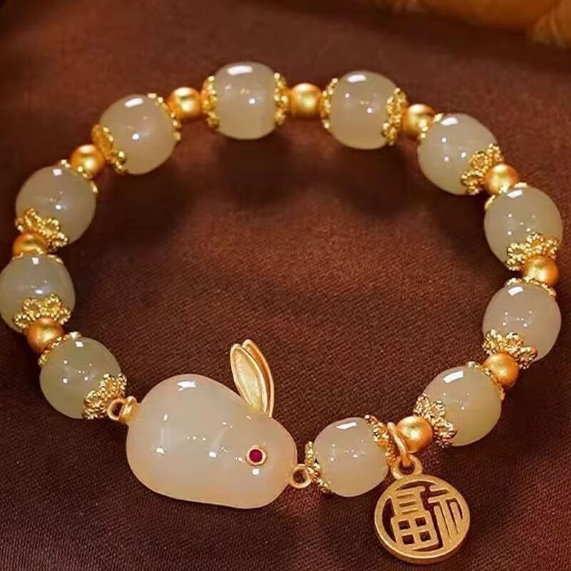 石精灵 新中式玉兔手链女款ins小众设计高颜值学生手串闺蜜古风生日礼物 2条装