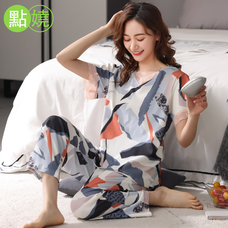 凉感睡衣女夏季冰丝莫代尔中老年妈妈女士睡衣春秋薄款短袖长裤家居服
