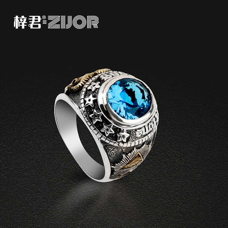 梓君925银戒指男士复古手工银戒指个性霸气食指环简约潮男蓝刚玉戒指