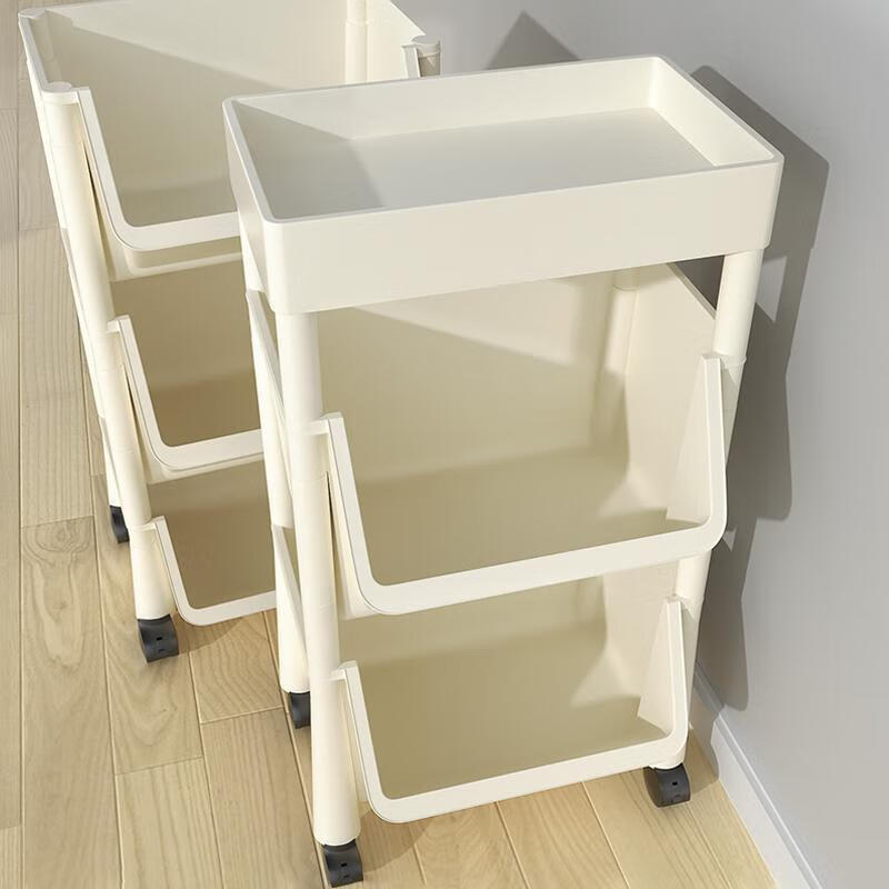小推车置物架家用零食落地多层客厅整理收纳书架移动果蔬菜架 三层白[无盖款]送轮子+4挂钩