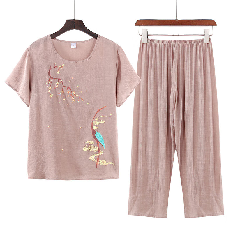 燠阳中老年睡衣女夏季棉麻短袖两件套夏天简约透气上衣裤子外穿家居服 168粉红色 2XL (建议105-120斤)