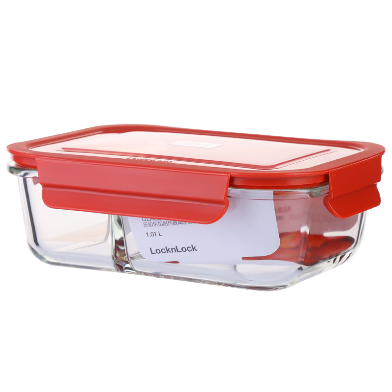 乐扣乐扣（LOCK&LOCK） 格拉斯耐热玻璃保鲜盒 微波炉烤箱便当盒 双层耐热玻璃密封容器 红色 分隔长方形 1.01L