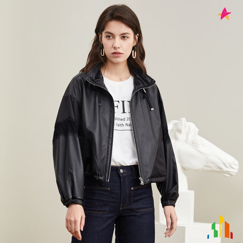 婕茵桐雪豹皮衣帅气头层绵羊皮潮流拼接蕾丝蝙蝠袖女士皮衣短款外套