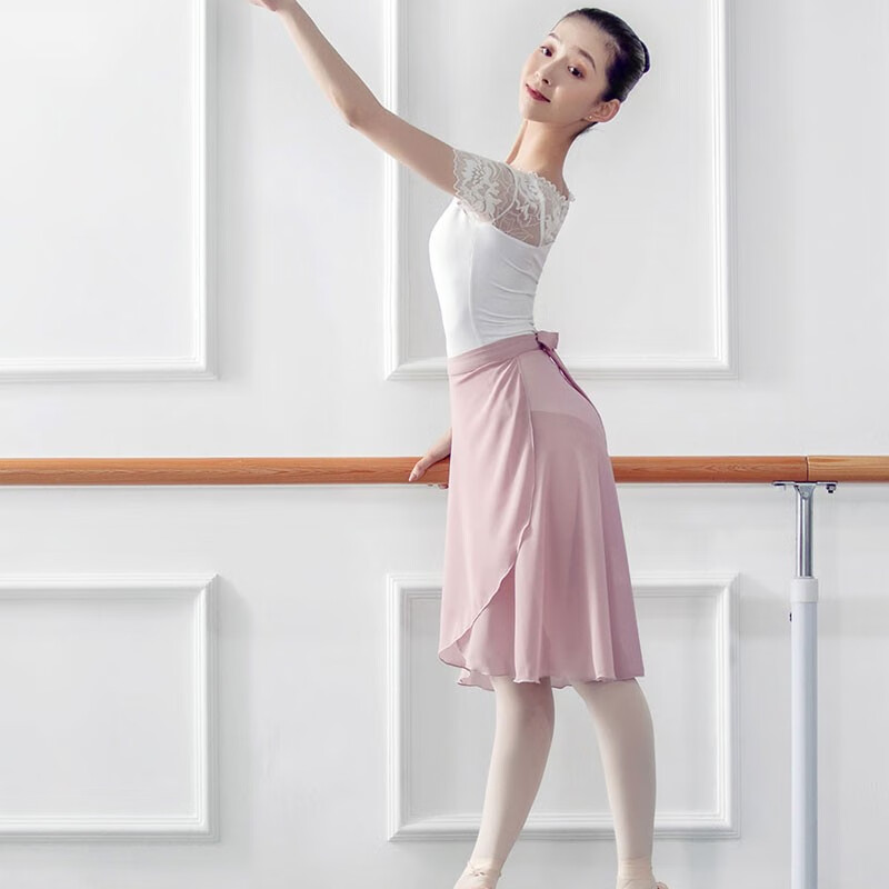 系带中长裙女芭蕾舞裙教师裙一片裙半身裙舞蹈练功纱裙 豆蔻粉 仅裙子