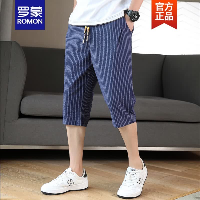 罗蒙ROMON品牌高端白色条纹7分短裤男士夏季ins潮流棉麻中裤薄款透气百搭休闲七分裤新品 白色 M