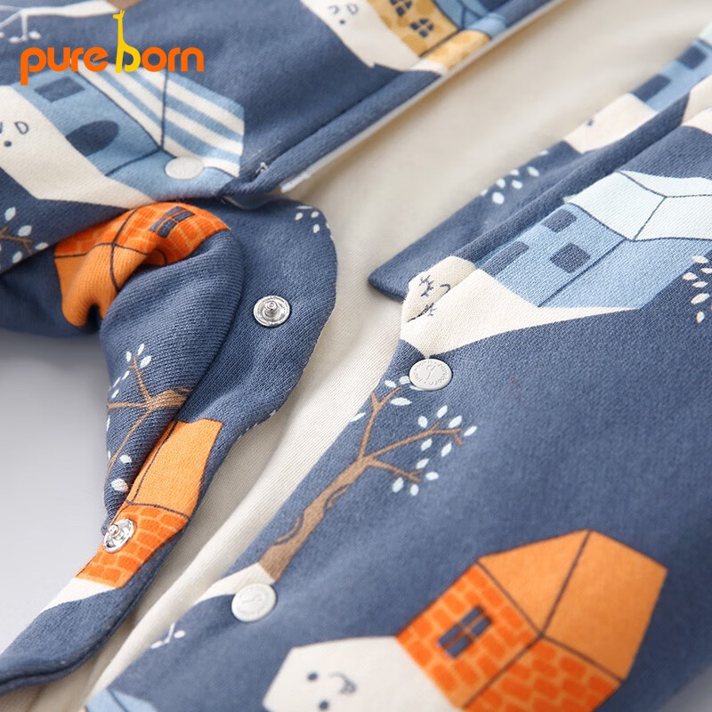 博睿恩男女宝宝连体衣婴儿衣服秋冬季爬服夹棉连帽加厚新生儿外出服 小房子蓝 80cm