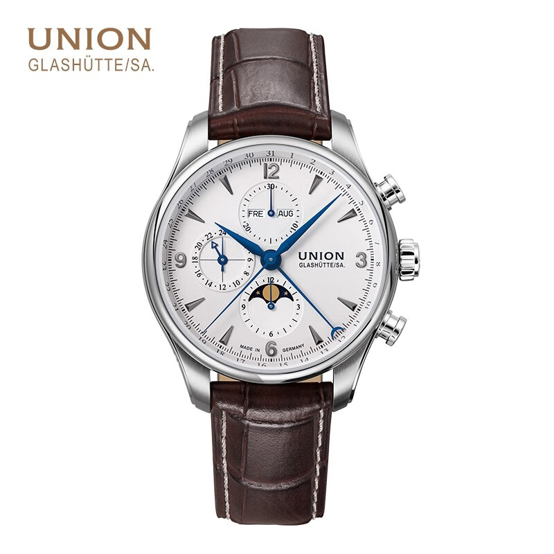 格拉苏蒂宇联（UNION）德国手表贝利士系列 八针月相小牛皮男士机械计时码表 D009.425.16.017.10
