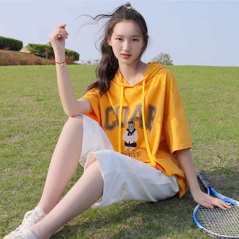 半袖中学生短袖t恤女休闲少女上衣连帽夏 【姜黄t恤 66337白色裤子 s