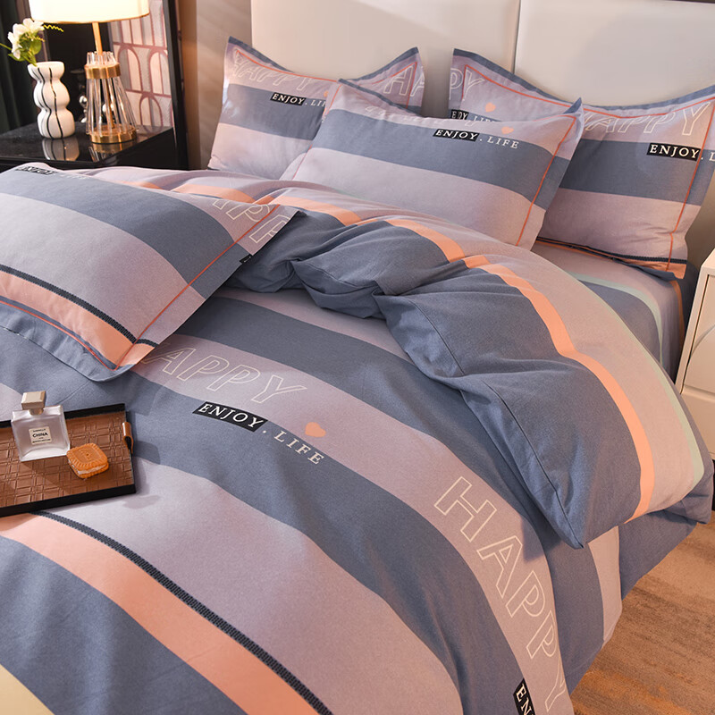 静之翔纯棉磨毛加厚床上四件套100全棉夏季宿舍床单被套双人秋冬被罩 小资生活-蓝 1.8m床四件套 床单款 被套200*230cm