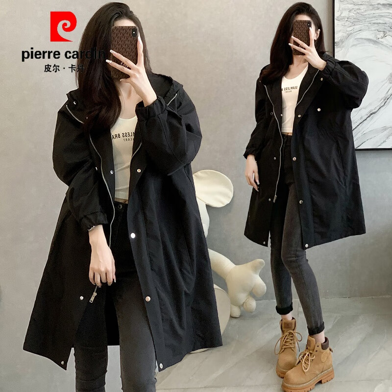 皮尔卡丹（pierre cardin）2023新中长款黑色风衣外套女秋季百搭连帽宽松显瘦工装英伦风大衣 黑色 3XL属于什么档次？