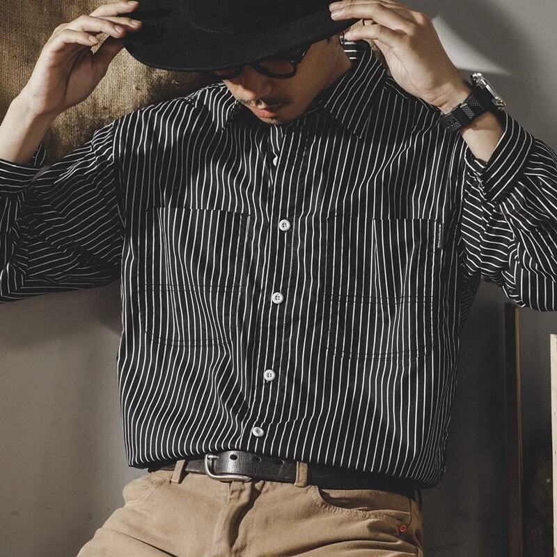 本卷美式复古重磅条纹衬衫男长袖日系ins潮流休闲衬衣外套秋装 黑条 m