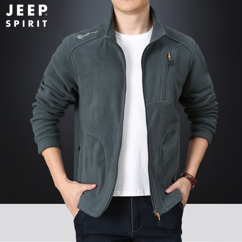 JEEP SPIRIT抓绒衣男士拉链开衫立领外套防风防寒保暖户外运动夹克抓绒上衣 深灰 M