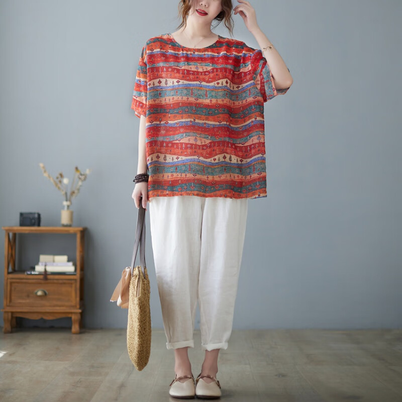 简当夏新款胖MM大码女装文艺气质显瘦胖女人短袖T恤上衣1520 红条纹 大码均码【120-180斤】