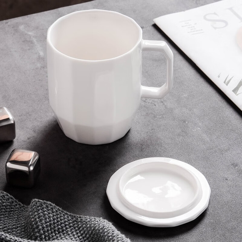 友来福 欧式便携陶瓷简白几何咖啡杯马克杯子 便携办公下午茶茶具大容量 简白几何盖杯（配盖子）