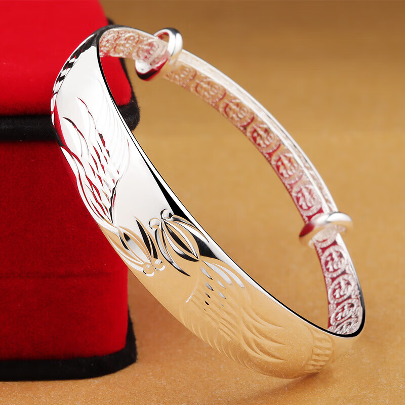 福凤龙祥光面双鱼银手镯女银999实心推拉福民族 生日送妈妈 送妈妈