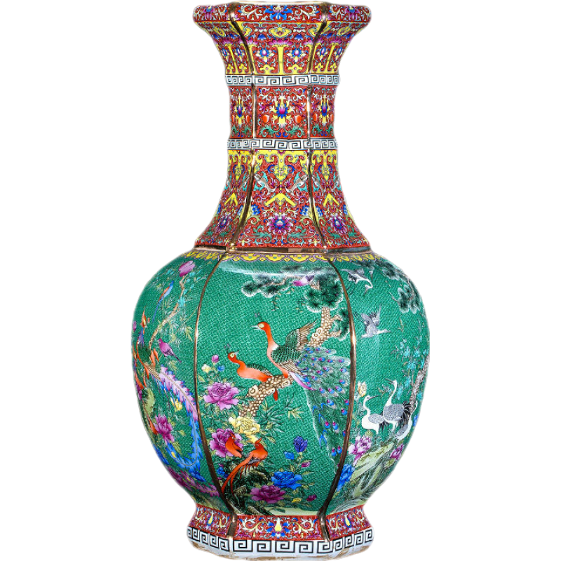 泰禧閣 景德鎮(zhèn)陶瓷器仿乾隆復(fù)古花瓶中式擺件客廳插花博古架裝飾品 綠底粉彩六方瓶(中號(hào))