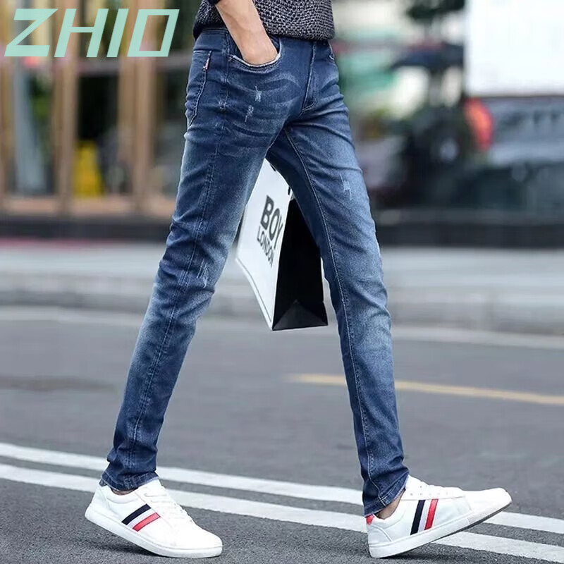 ZHIO夏季弹力牛仔裤男修身小脚夏天薄款裤子男韩版潮流有弹性长裤 蓝色 30