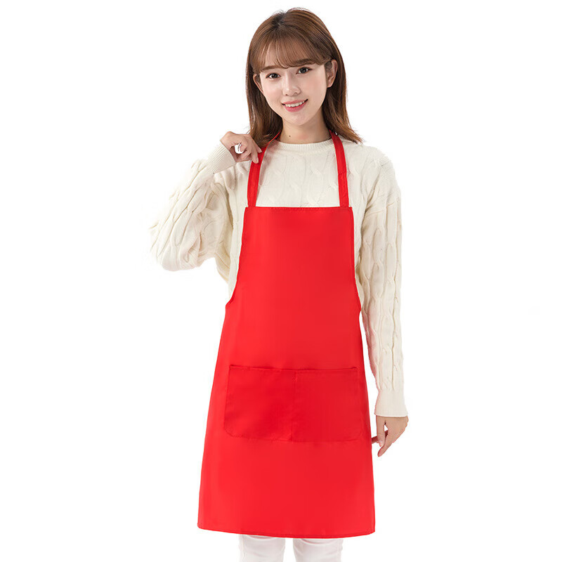 婆青广告围裙防水防油涤纶围腰印绣广告宣传罩衣 大红