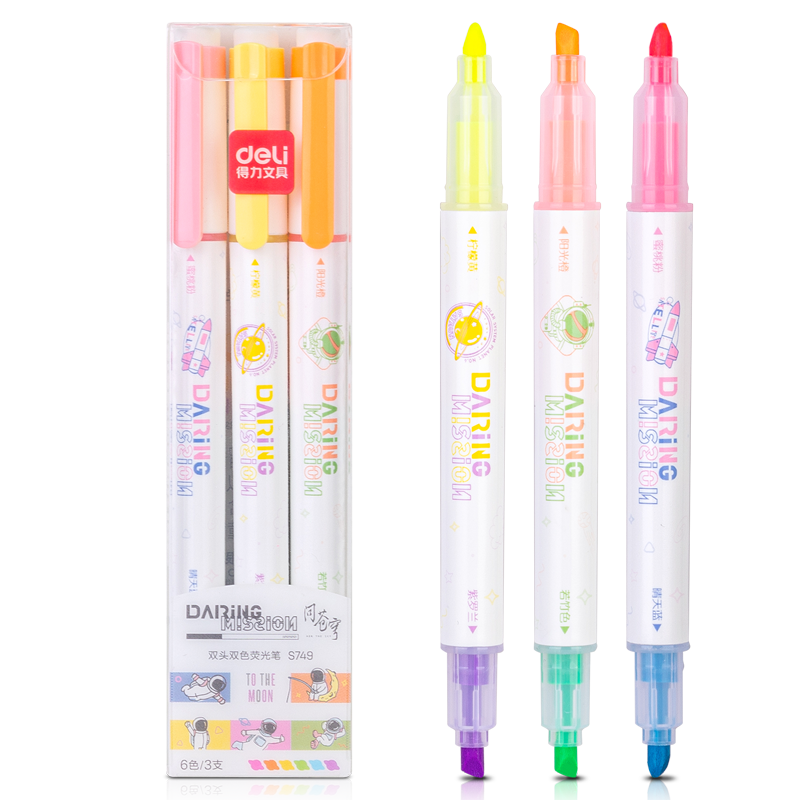 得力(deli)问苍穹双头6色荧光笔 学生考试复习划重点标记马克笔记号笔 手账笔记手抄报涂鸦绘画S749 节日礼物实付5.9元