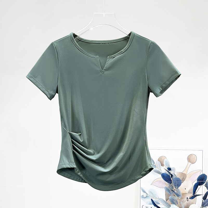 女夏季款短袖运动v领t恤专业跑步初学者健身上衣夏天 s1029灰绿色短袖