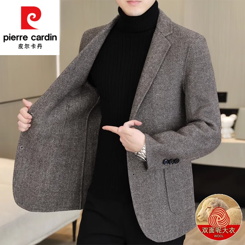 皮爾卡丹（pierre cardin）高檔羊毛呢子大衣男秋冬季雙面呢羊絨西裝外套男士西服中長(zhǎng)款風(fēng)衣 302卡其色人字（51%羊毛） M 建議85-105斤