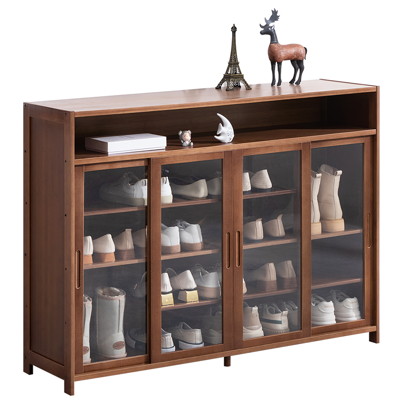 老竹匠多层简易落地客厅带门鞋柜子玄关多功能入户简约家用小鞋架置物架防尘大容量换鞋凳-双向移门四门-茶色