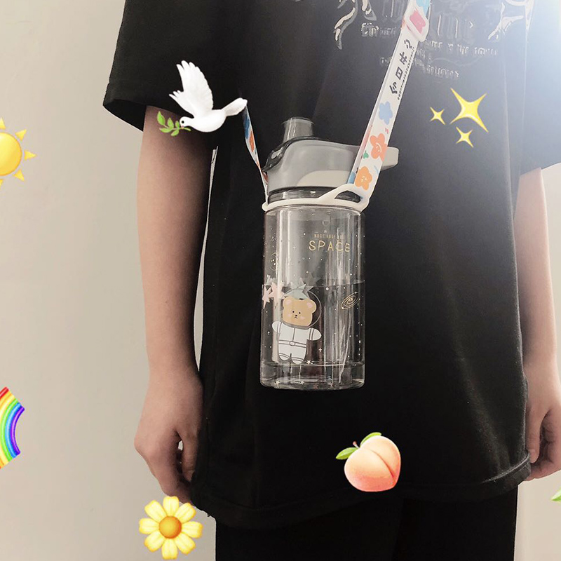 可爱ins少女心双层塑料杯创意清新学生过滤花茶杯星空便携水杯子 灰色+背带（颜色随机） YB-0589星空梦想