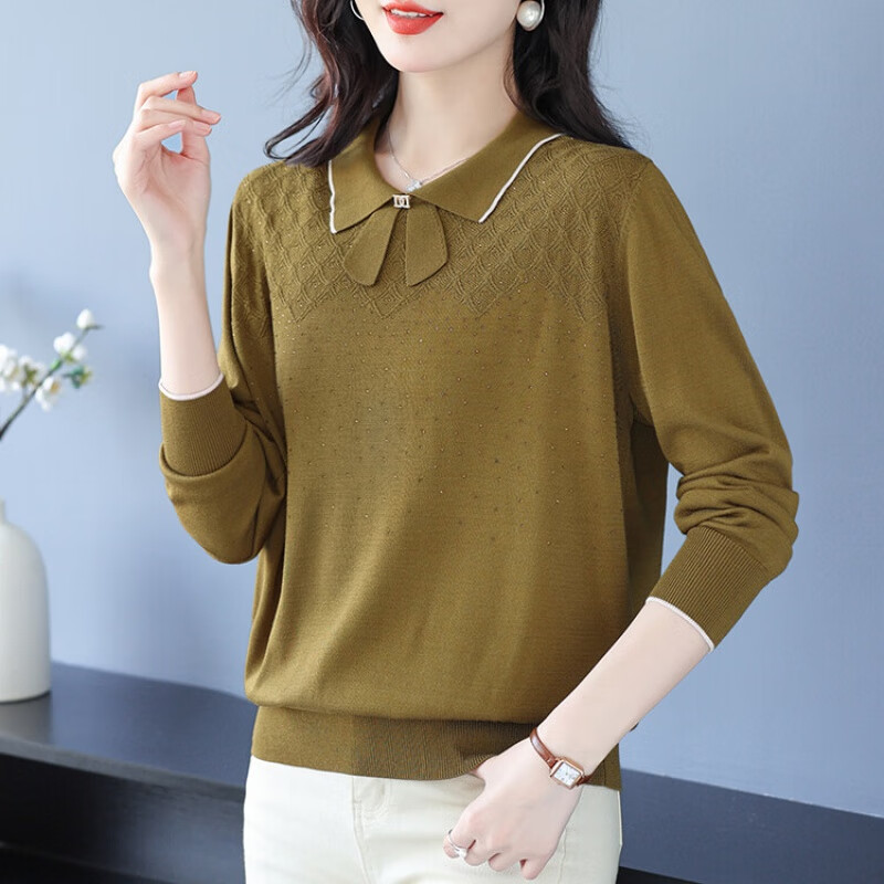 春秋长袖针织打底衫女2024年新款时尚内搭毛衣娃娃领薄款上衣 芥末色