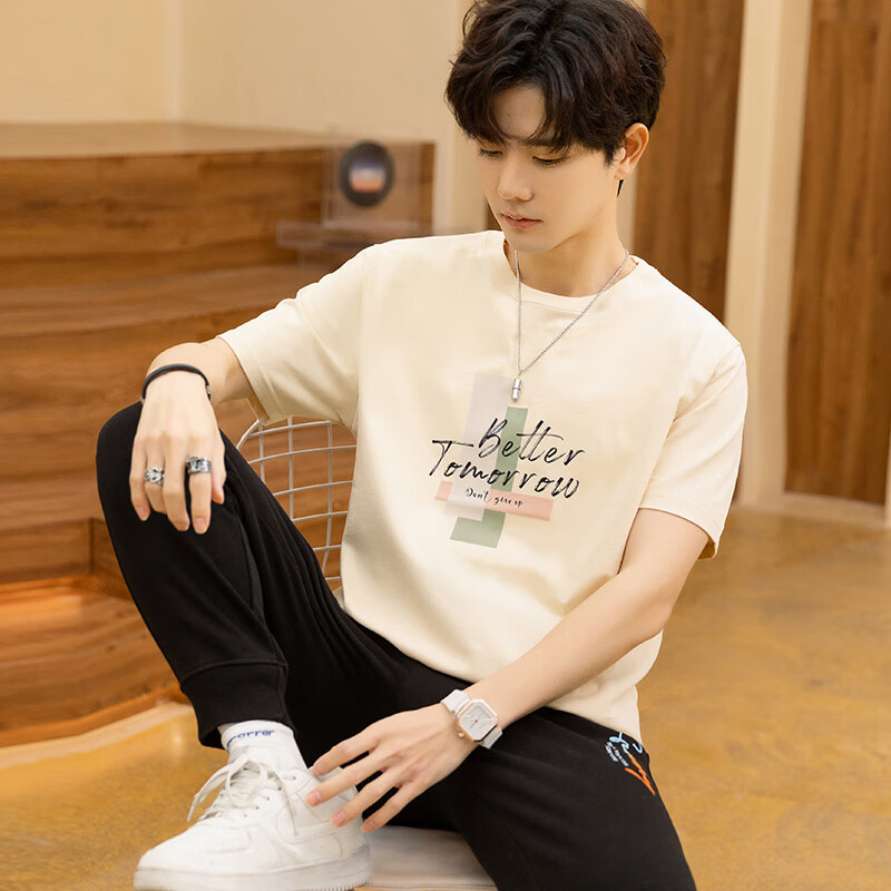 TEEK高中生重磅纯棉t恤男士短袖上衣服 青少年夏装夏季休闲半袖体恤衫 【柔软舒适】HS78M杏色 S