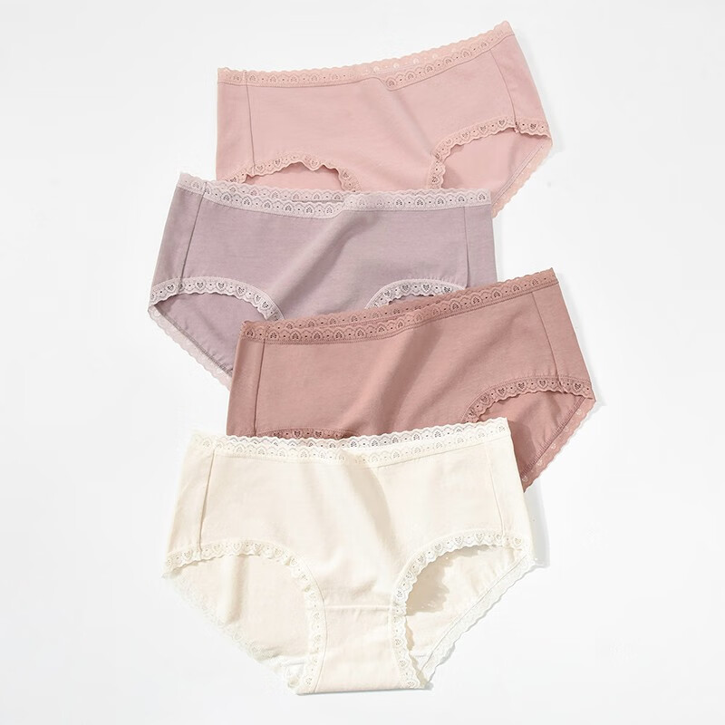 洁丽雅4条装新款中腰蕾丝边纯棉裆女士内裤提臀透气舒适抗菌短裤内裤女 【4条装】浅粉/粉紫/浅黄/肉粉 M (建议80-100斤)