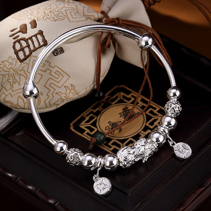 s990足银手镯韩版简约复古貔貅个性足银女推拉手镯手环 990足银