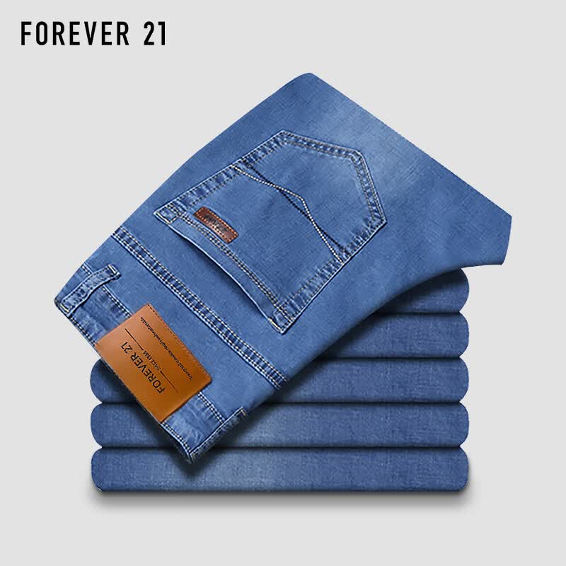 FOREVER 21弹力牛仔裤男薄款宽松直筒裤子男士舒适休闲长裤 浅蓝色 33码 属于什么档次？