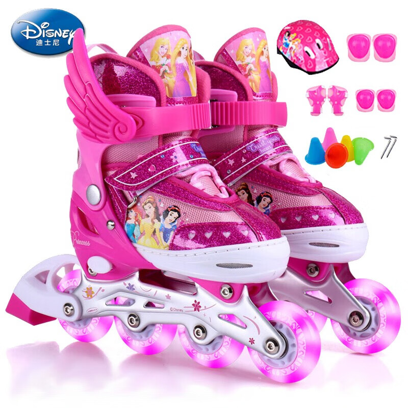 迪士尼(Disney) 轮滑鞋儿童溜冰鞋八轮全闪滑冰鞋套装 溜冰鞋男女闪光轮可调码旱冰鞋 粉色公主款 S码