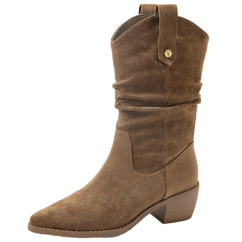 康莉粗跟堆堆靴女冬季新款尖頭復古英倫中筒西部牛仔靴加絨騎士靴 棕色 39