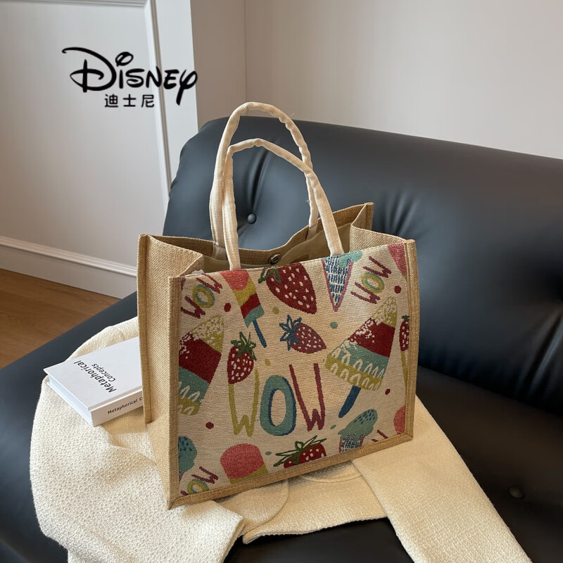迪士尼（Disney）帆布包包女手提包新款大容量麻布手提袋女上班通勤托特包 大号(麻布冰激凌)吸扣款