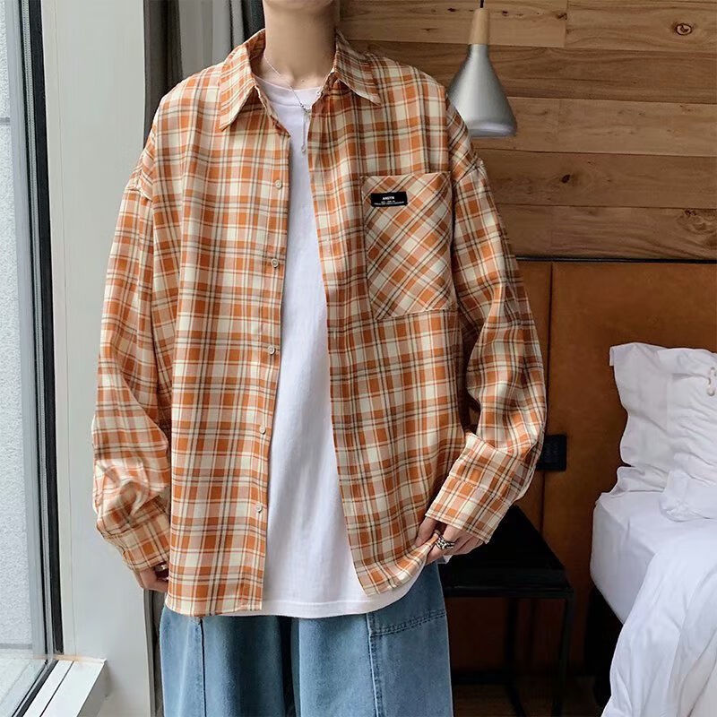 生大学生男生早春穿的忖衣男衬衫长袖春秋季新款港风潮流 桔红色c39