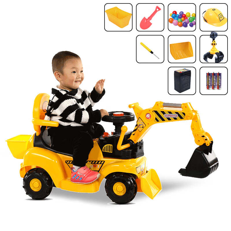 【两用电动款】儿童挖掘机可坐可骑2-6岁玩具男孩电动车挖土机工程车挖挖机 新升级超大号电动款（抓手+礼包） 普通礼包