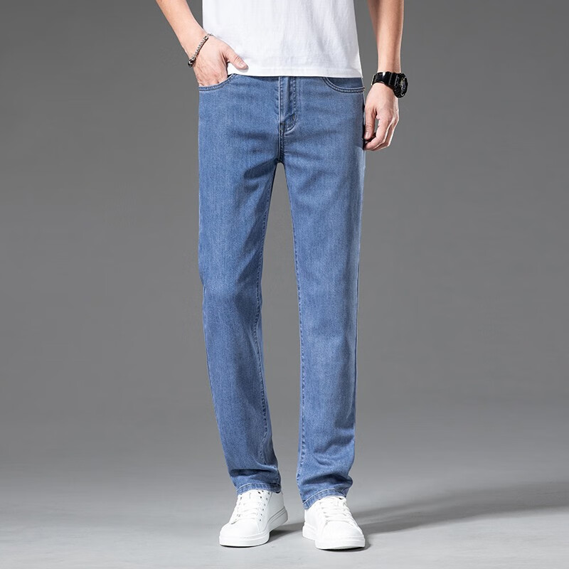 牛仔裤男直筒修身裤子男夏季夏天男裤薄款直筒裤男修身弹力 雾霾蓝色
